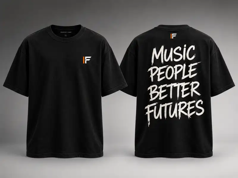 Black Frequency Forge T-shirt, front and back view, with FF monogram and Music People Better Futures statement.